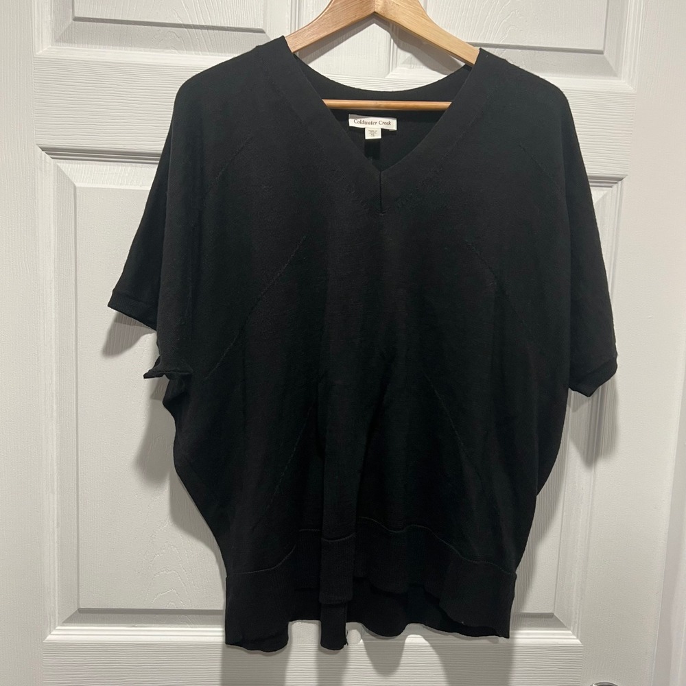 Coldwater Creek Black Wool Blend V-Neck Dolman Short Sleeve Sweater XL 18